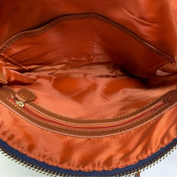 Navy Quilted Fabric Crossbody with Cognac Adjustable Strap Gold Accents Top Zip - Picture 11 of 16